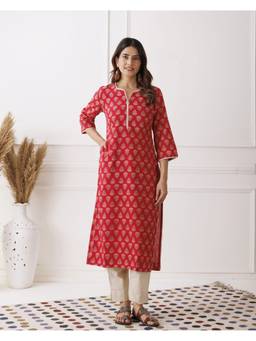 Baisacrafts - Red Ethnic Motif Printed Loose Fit Kurti