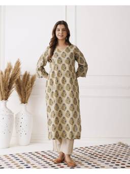 Baisacrafts - Beige Floral Printed V-Neck Loose Fit Kurti