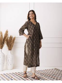 Baisacrafts - Brown Paisley Printed V-Neck Loose Fit Kurti