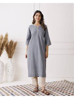 Baisacrafts - Grey Geometric Printed Loose Fit Kurti
