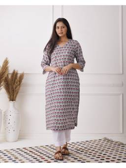 Baisacrafts - Light Grey Floral Printed V-Neck Loose Fit Kurti