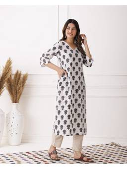Baisacrafts - White Floral Printed V-Neck Loose Fit Kurti