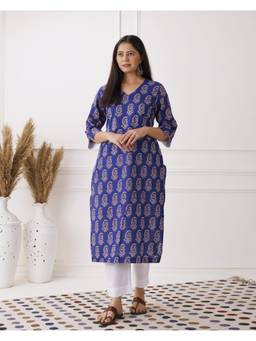 Baisacrafts - Blue Paisley Printed V-Neck Loose Fit Kurti