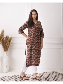 Baisacrafts - Brown Printed V-Neck Loose Fit Kurti