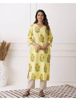 Baisacrafts - Light Yellow Floral Printed V-Neck Loose Fit Kurti