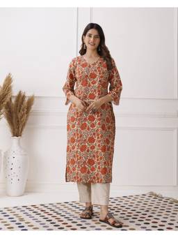 Baisacrafts - Coral Floral Printed V-Neck Loose Fit Kurti