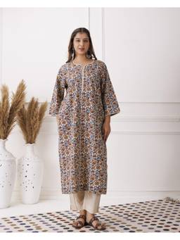 Baisacrafts - Beige Floral Printed Lace Detail Loose Fit Kurti
