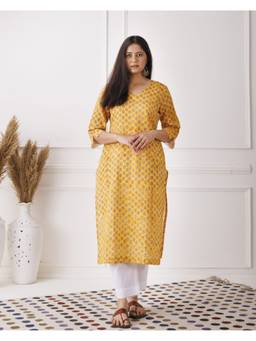 Baisacrafts - Mustard Floral Printed V-Neck Loose Fit Kurti