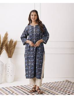 Baisacrafts - Navy Blue Floral Printed Lace Detail Loose Fit Kurti