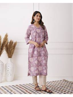 Baisacrafts - Purple Floral Printed V-Neck Loose Fit Kurti
