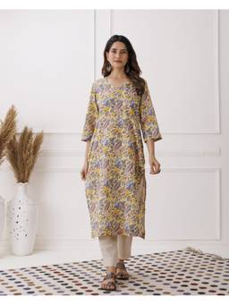 Baisacrafts - Yellow Floral Printed V-Neck Loose Fit Kurti