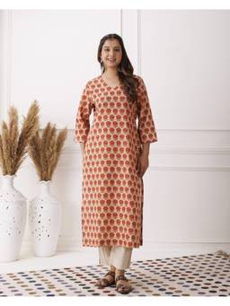 Baisacrafts - Coral Floral Printed V-Neck Loose Fit Kurti