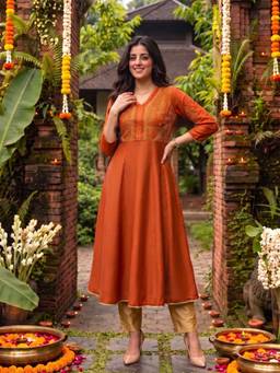 Rangita - Orange Embroidered Flared Kurta