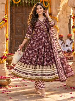 BERRYLICIOUS - Wine Printed Anarkali Kurta With Pant and Dupatta