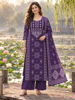 BERRYLICIOUS - Purple Cotton Bandhani Printed and Hand Mirror Kurta with Palazzo and Dupatta