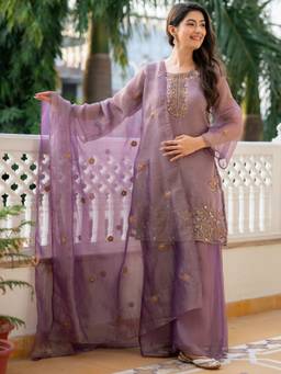 HOUSE OF JAMOTI - Aveline Lavender Embrodiered Kurta and Palazzo with Dupatta