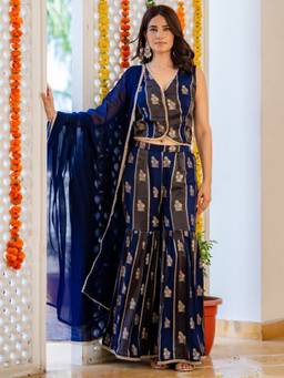 HOUSE OF JAMOTI - Navy Blue Hour Brocade Top and Sharara with Dupatta