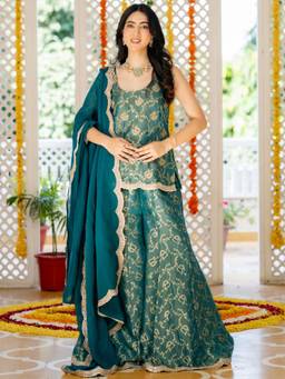 HOUSE OF JAMOTI - Mishka Firoza Brocade Green Kurti and Sharara with Dupatta