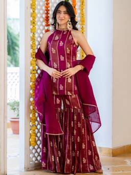HOUSE OF JAMOTI - Alira Wine Brocade Kurti and Sharara with Dupatta