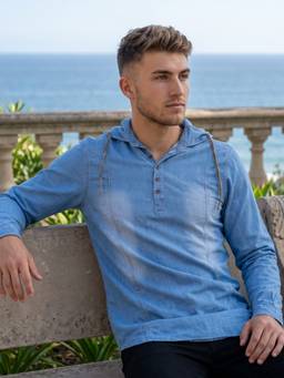 KUONS AVENUE - Men'S Icewash Blue Denim Hooded Kurta