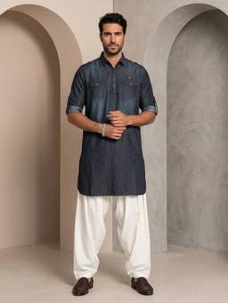 KUONS AVENUE - Men'S Blue Wash Denim Long Pathani Kurta