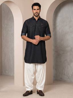 KUONS AVENUE - Men'S Black Denim Long Pathani Kurta