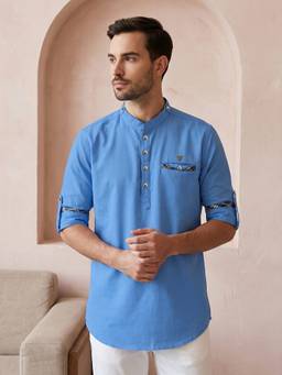 KUONS AVENUE - Men’S Blue Azure Satin Cotton Short Kurta