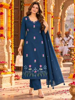 BERRYLICIOUS - Blue Cotton Floral Motifs embroidered Kurta with pant and Dupatta