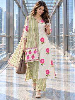 BERRYLICIOUS - Pink Striped Print Kurta with Pant and Dupatta