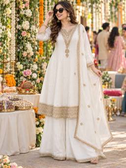 BERRYLICIOUS - White Anarkali Kurta with Flared Sharara and Dupatta