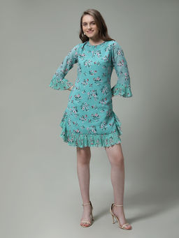 MISH - Georgette Floral Printed A-Line Dress - Blue