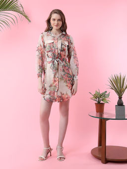 MISH - Organza Floral Printed Mini Dress - Beige (Set of 2)