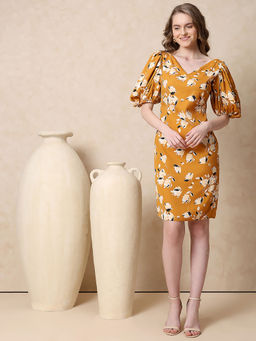 MISH - Crepe Floral Printed Mini Dress - Mustard