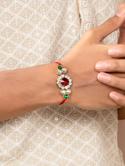 Peora - Handmade Kundan Rakhi with Raksha Bandhan Greeting Card Roli Chawal R25C02 (Set of 6)