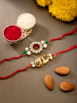 Peora - Men Kundan Beaded Rakhi with Roli Chawal Greeting Card R25C06 (Set of 5)
