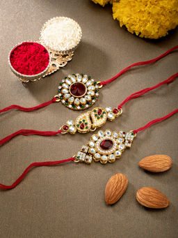 Peora - Red Kundan Beads Raksha Bandhan Rakhi with Chawal Roli Greeting Card R25C17 (Set of 6)