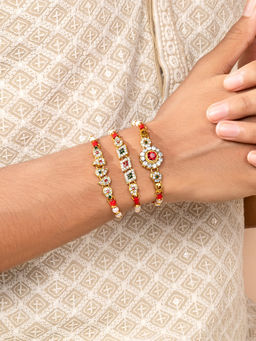 Peora - Multi Color Men Kundan Beaded Rakhi with Roli Chawal Greeting Card (Set of 6)