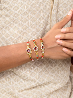 Peora - Multi Color Men Kundan Beaded Rakhi with Roli Chawal Greeting Card (Set of 6)