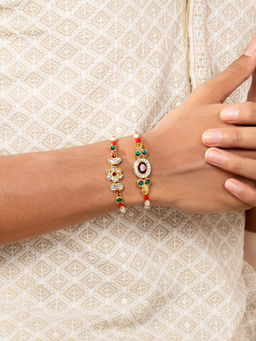 Peora - Multi Color Men Kundan Beaded Rakhi with Roli Chawal Greeting Card (Set of 5)