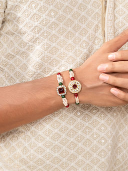 Peora - Multi Color Men Kundan Beaded Rakhi with Roli Chawal Greeting Card (Set of 5)