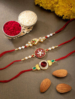 Peora - Multi Color Men Kundan Beaded Rakhi with Roli Chawal Greeting Card (Set of 6)