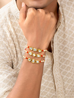 Peora - Multi Color Men Kundan Beaded Rakhi with Roli Chawal Greeting Card (Set of 6)