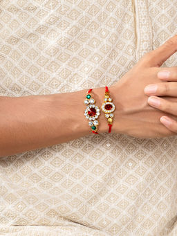 Peora - Multi Color Men Kundan Beaded Rakhi with Roli Chawal Greeting Card (Set of 5)