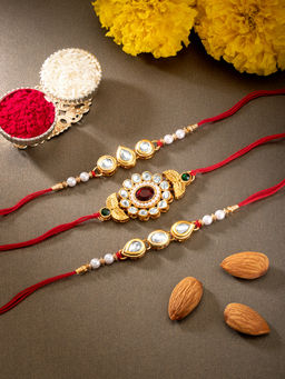 Peora - Multi Color Men Kundan Beaded Rakhi with Roli Chawal Greeting Card (Set of 6)