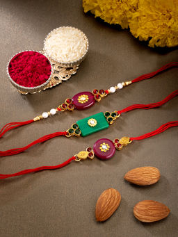 Peora - Multi Color Men Kundan Beaded Rakhi with Roli Chawal Greeting Card (Set of 6)