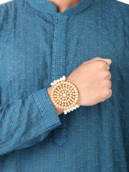 Peora - White Color Men Beaded Rakhi with Roli Chawal Greeting Card R25S05W (Set of 4)