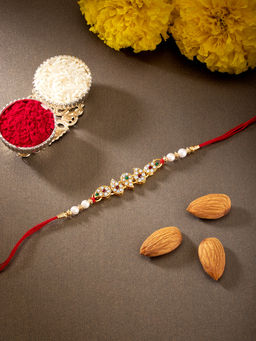 Peora - Multi Color Men Kundan Beaded Rakhi with Roli Chawal Greeting Card R25S04 (Set of 4)