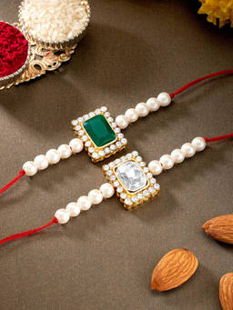 Peora - Multi Color Men Kundan Beaded Rakhi with Roli Chawal Greeting Card (Set of 5)