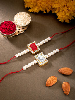 Peora - Multi Color Men Kundan Beaded Rakhi with Roli Chawal Greeting Card (Set of 5)