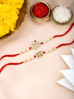 Peora - Swastik & Om Rakhis With Roli Chawal & Greeting Card (Pack of 3)
